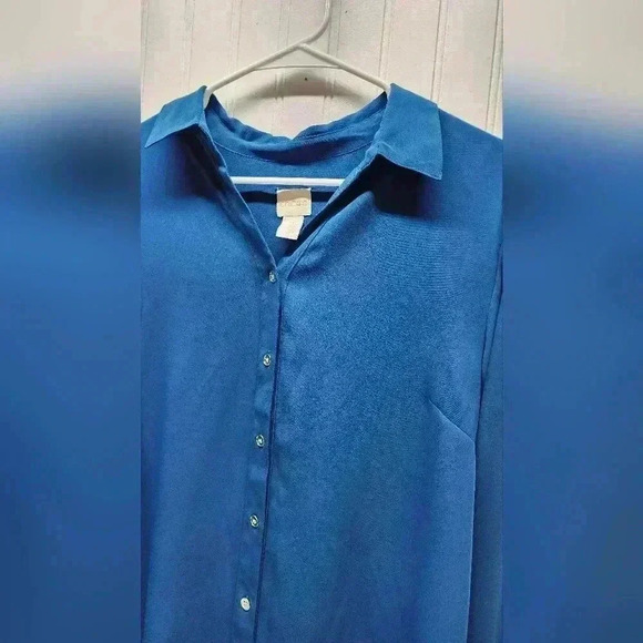 CHICO'S SIZE 2 (Large) Turquoise Pleated Back Button Down Blouse - Picture 2 of 11